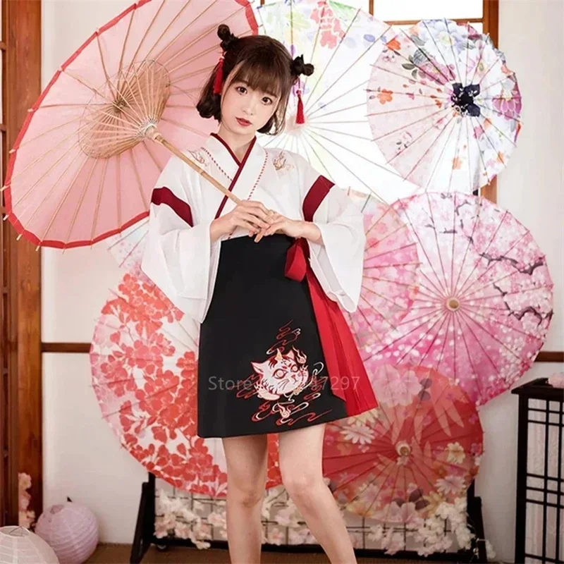 

2025halloweenJapanese Dress Kimono Woman Black White Cat Embroidery Skirts Vintage Asian Clothing Yukata Haori Cosplay Party