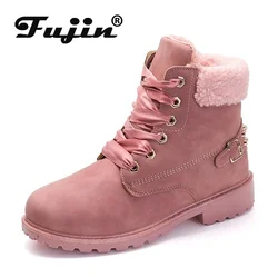 Fujin Women Winter Boots Platform Ankle Snow Warm Plush Fur Suede Leather Booties Woman Shoes Motorcycle Platform Ankle Boots