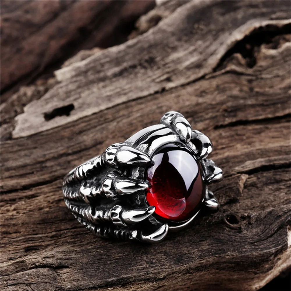 Fashionable and Simple Lobster Claw Eyes Retro Gothic Big Black and Red Zircon Men's Ring Trendy Brand Niche Party Jewelry Gift