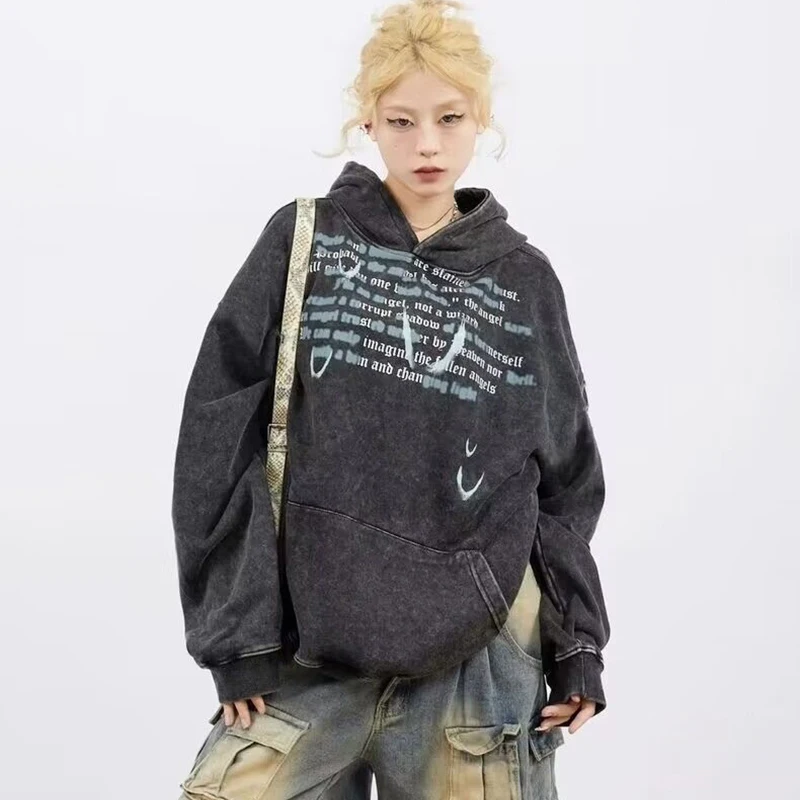 

Толстовка с капюшоном и буквенным принтом, женская свободная толстовка с напуском и длинными рукавами, большой карман, топ Harajuku Y2K, уличная субкультура, стираная толстовка