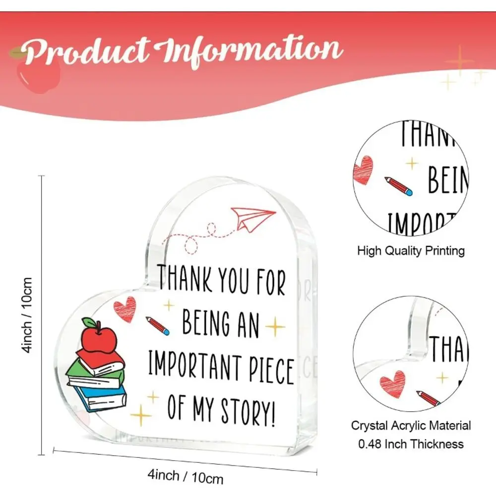 Heart shaped acrylic tabletop plaque, teacher appreciation ornament, teacher retirement gift, graduation teacher decor