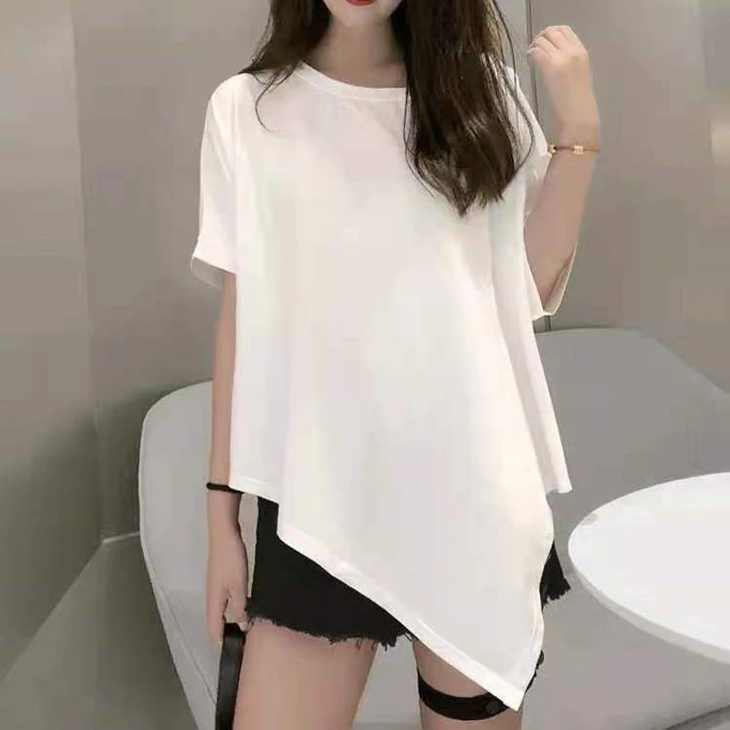 2025 Summer New Arrival Irregular T-Shirt Pullover Short Sleeve Top Women's Round Neck Bat Sleeve Ice Silk Top plus size Slant H