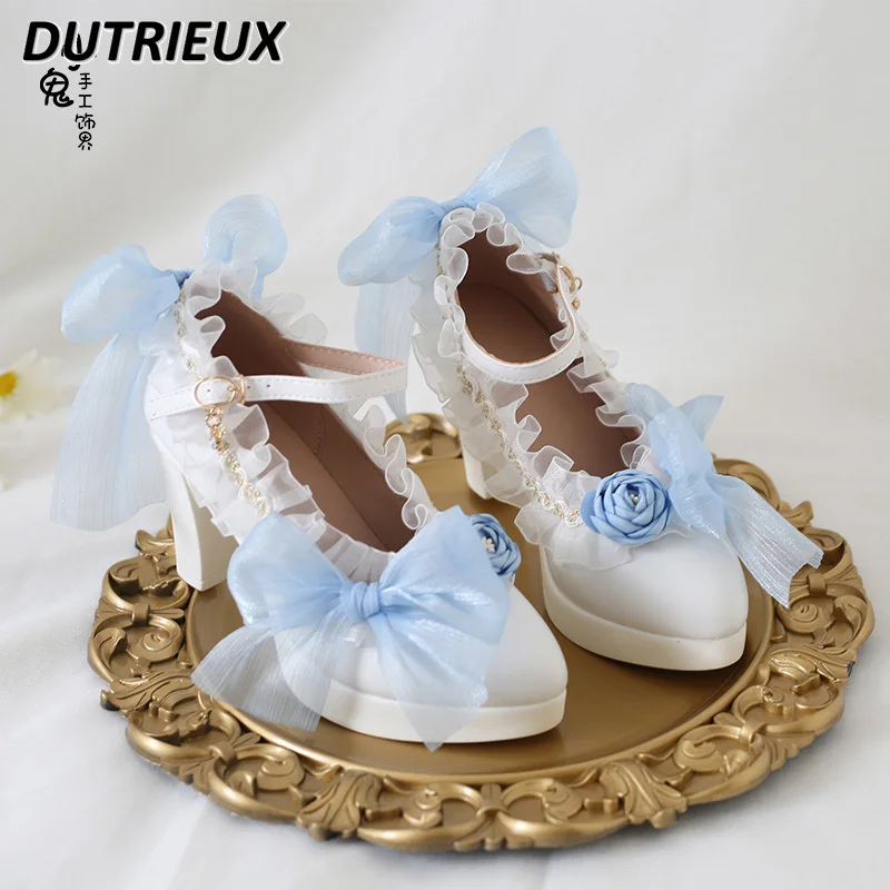 Sandalias de tacón alto con lazo de encaje para mujer, zapatos de boda, puntiagudos, blancos, gruesos, elegantes, originales, japoneses, Lolita, novia