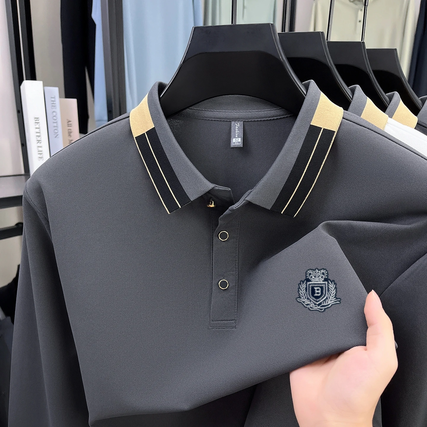 

Exquisite Wheat Ear Embroidery Men's Polo Shirt Lapel Design Long Sleeve Business Classic T-shirt Spring Autumn Trend Men's Wear