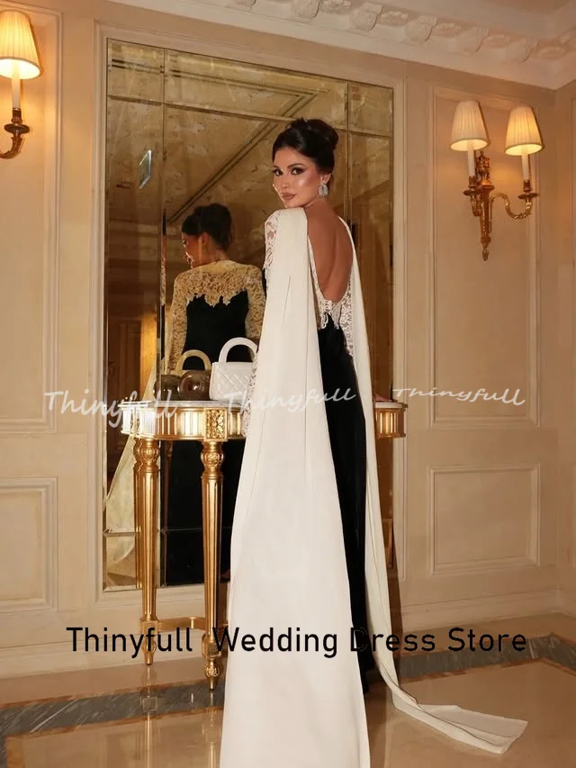 Thinyfull Meerjungfrau Samt/Spitze Arabische Ballkleider Lange Ärmel O-Ausschnitt Abend Partykleid Formelles Kleid Robes de Soirée Maßgeschneidert