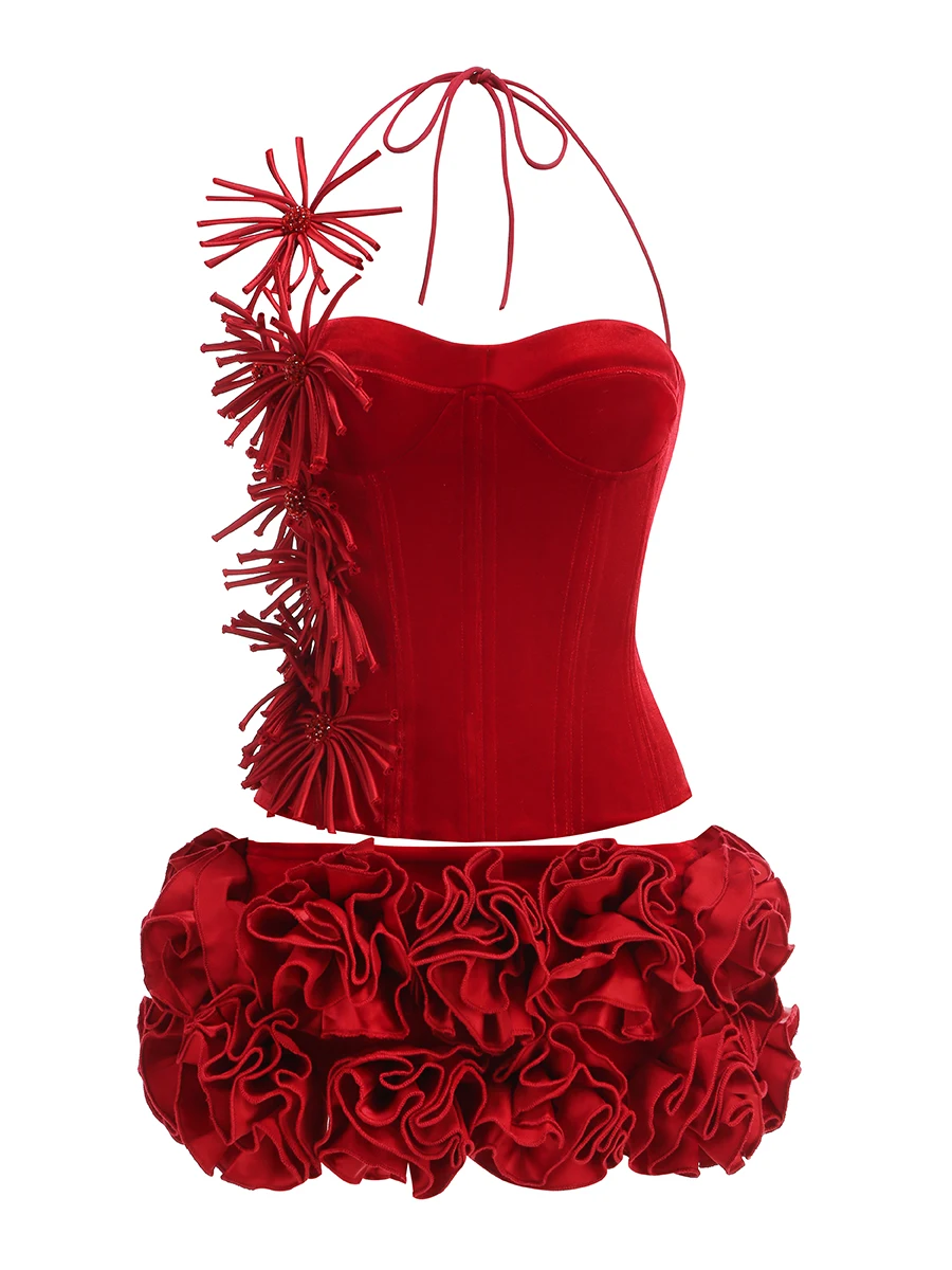 Сексуальный красный велюровый комплект из двух предметов без бретелек, топ на шнуровке с лямкой на шее + мини-юбка с низкой талией, женские клубные вечерние юбки знаменитостей, костюмы