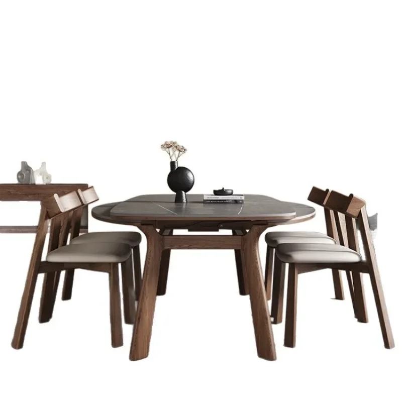 Retractable rock slab solid wood dining table Household small apartment variable round table Modern simple light luxury