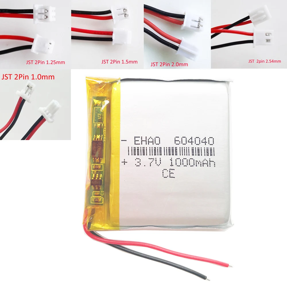 Batería recargable LiPo de 3,7 V y 1000 m 604040   + enchufe JST de 2 pines para GPS DVD teléfono móvil Bluetooth Videojuego PAD libros electrónicos Tablet PC