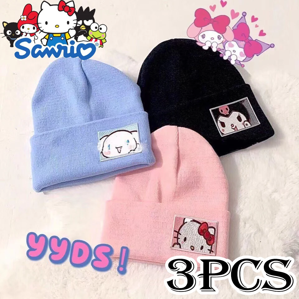 Hot 3pcs Cinnamoroll Knitted Hat Sanrio Women Beanie Adult Winter Warm Cartoon Cute Kuromi My Melody Skullies Hat Christmas Gift