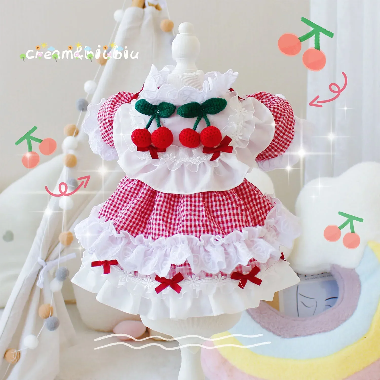 Pet Plaid Cherry Clothes Cat Spring/summer Maid Dress Cherry Red Plaid Dress Teddy Bear Comparison Dog Dresses for Small Dogs