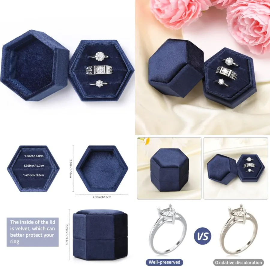 

Velvet Jewelry Ring Box, 3 Slots Hexagon Ring Gift Box Vintage Ring Display Holder Case for Wedding Ceremony Proposal Engagement (Navy Blue)