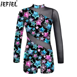 Kids Girls Dance Gymnastics Leotard Long Sleeves Mesh Patchwork Ballet Bodysuit Jumpsuit Athletic Skating Performance Costume