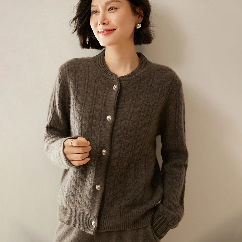 High quality Women 100% Cashmere Sweater O-neck Cardigan Cable Knitting Cashmere Knitwear Autumn Winter Thick Grace Style Tops