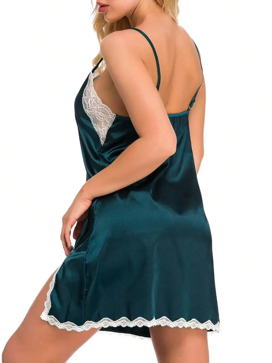 

Women Satin Lace Nightgown V Neck Slip Sleepwear Short Negligee