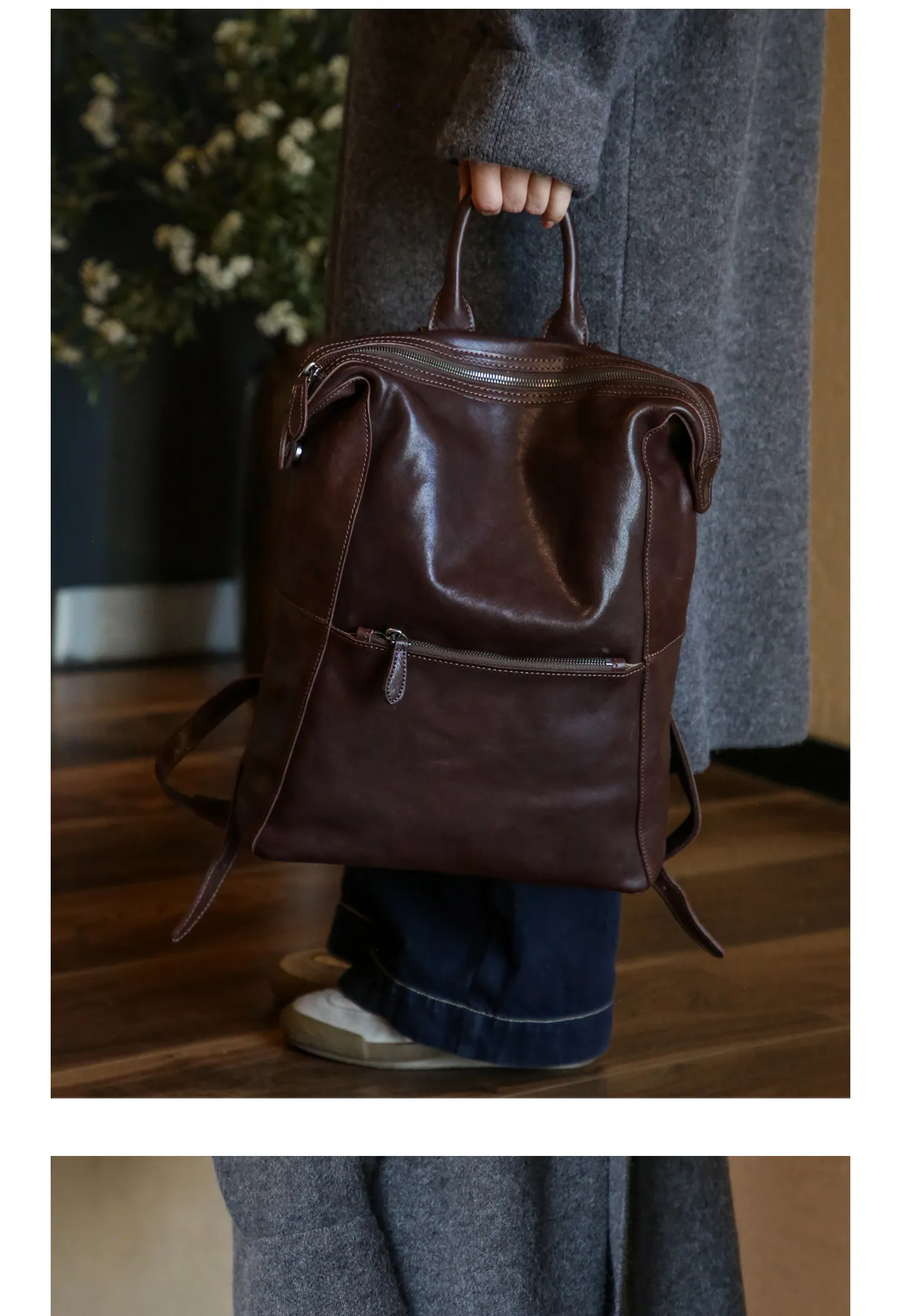 PNDME einfacher Vintage-Rucksack aus hochwertigem echtem Leder für Damen, lässiger, luxuriöser Schulrucksack aus pflanzlich gegerbtem Rindsleder für den täglichen Gebrauch. – Detail 10