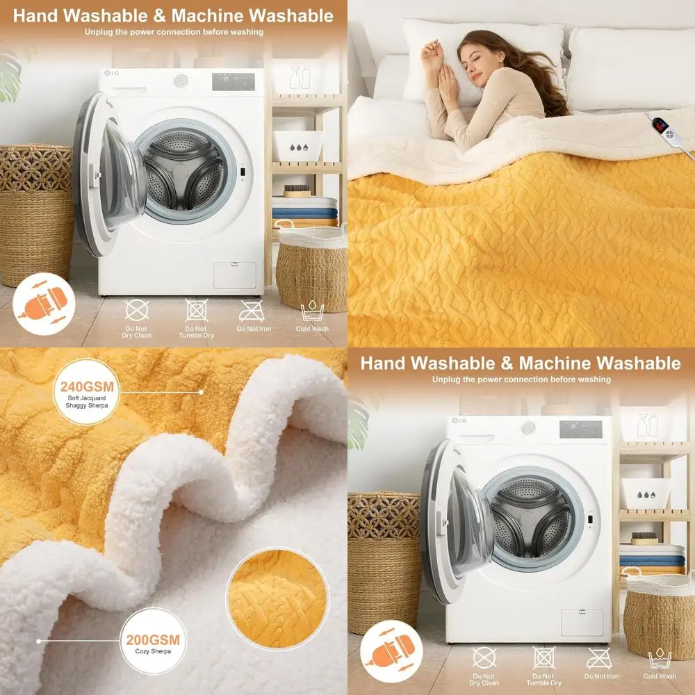 

Электрическое одеяло из шерпа желтого цвета 72x84 — 6 настроек нагрева, таймер на 10 часов, защита от перегрева для уютных зимних ночей