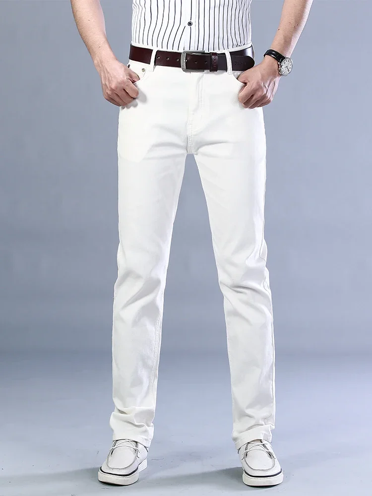 

Autumn Classic Style Men's Slim White Jeans Business Casual Cotton Stretch Khaki Denim Pants Wine Red Trousers Male