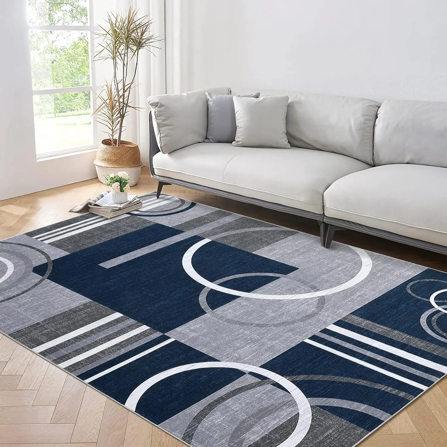 Area Rug Washable Rugs for Living Room Abstract Circle Rugs Non Slip Low Pile Rug Stain Resistant Carpet for Bedroom Home Decor,