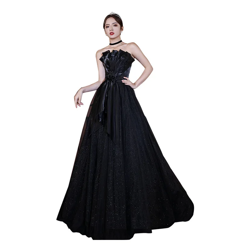 Vintage Black Evening Dress 2024 New Elegant Flowers Appliques Prom Gown Simple Sleeveless A-line Tulle Fairy VestidosCustomized