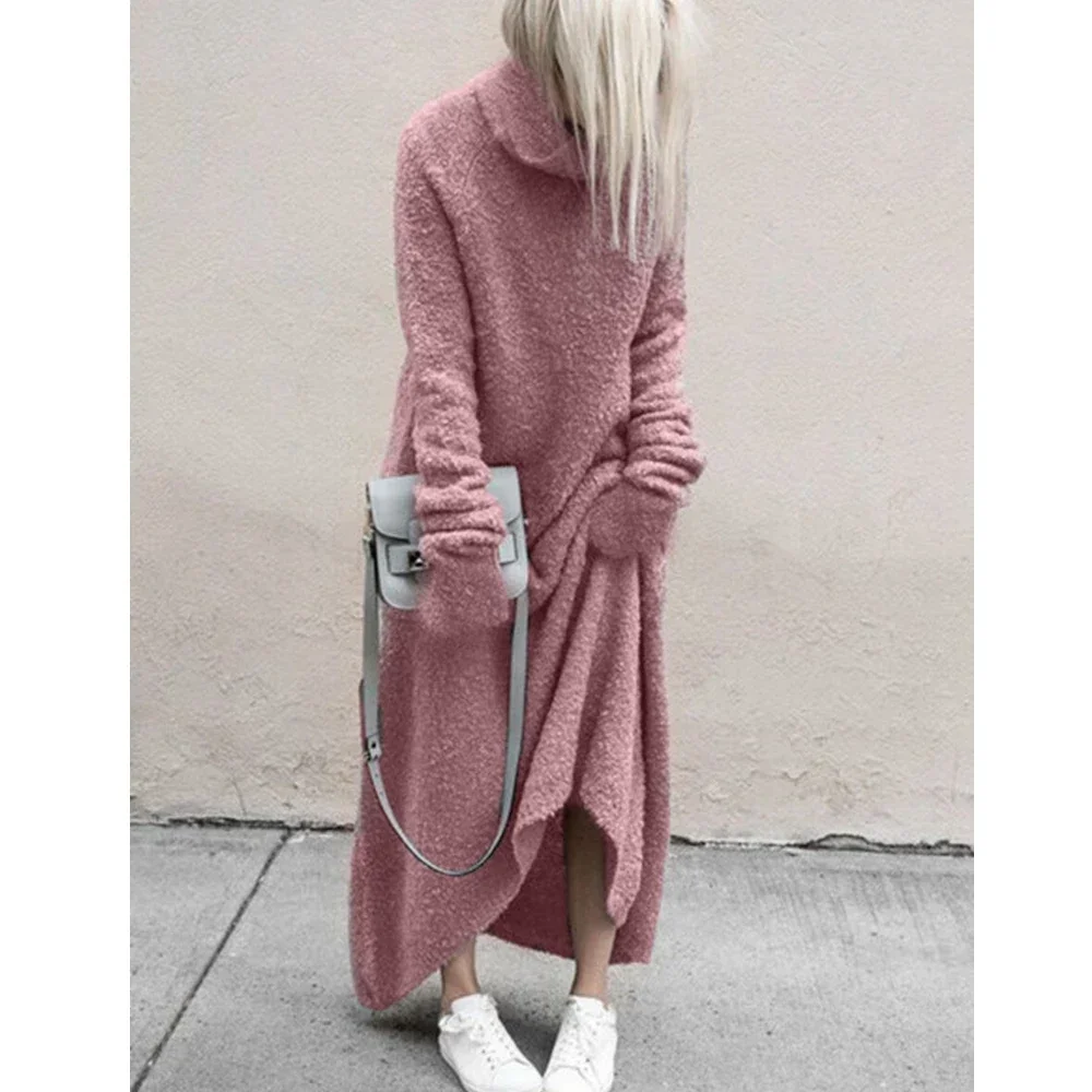 Women\'s Furry Turtleneck Long Sleeve High Waist Dress, Warm Sweater, Large Size, Monochromatic