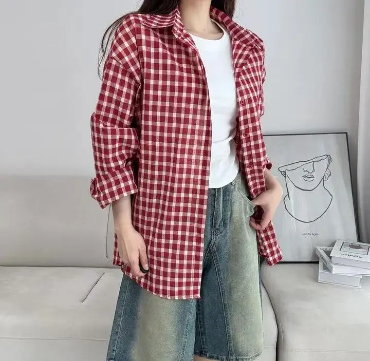 SuperAen Korean-style 2026 Summer New Oversized Plaid Shirts for Women Long Sleeves Casual Sun-protective Simple Vintage Shirts