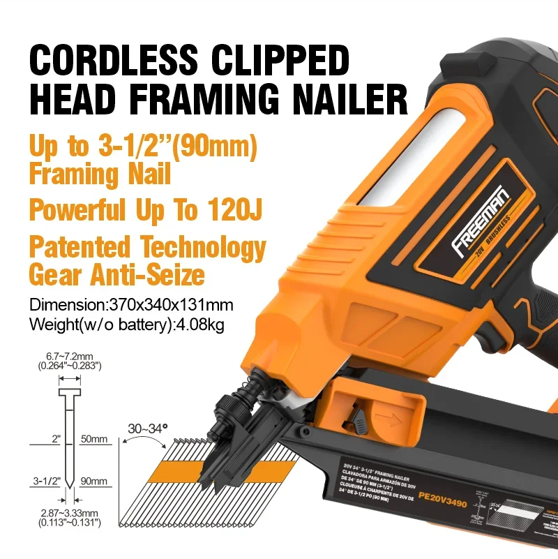 34 Degree Industrial Grade 20V Battery 50 - 90mm Heavy Duty Cordless 1st Fix Nail Gun Framing Nailer for Wood