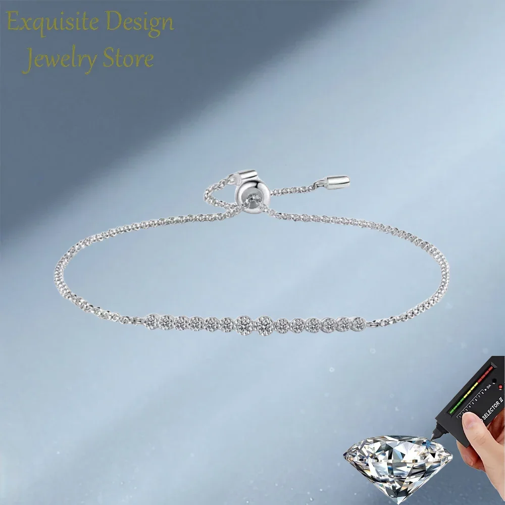 Line Moissanite Diamond 0.24CT Round Bracelet for Women, Female Shiny Platinum PT950 Jewelry Brilliant Birthday Gift Daily Style