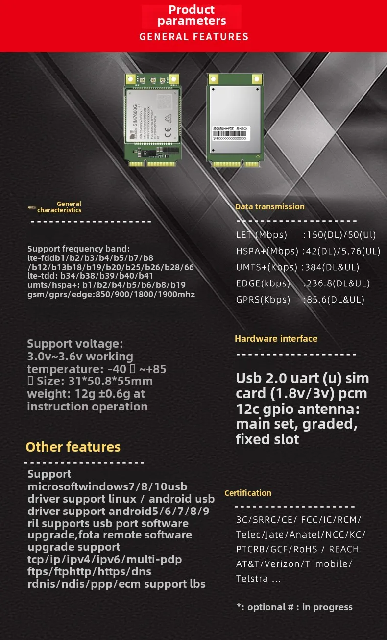 Модуль связи SIMCOM 4G CAT4 SIM7600G-H-PCIE, глобально доступен с позиционированием