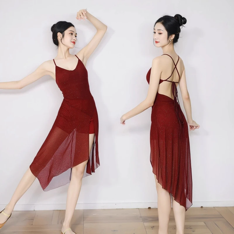 Damska Sukienka Baletowa Liryczna Latin Dance Kostium Występ Bez Rękawów Odkryte Plecy z Dziurką na Guzik Błyszczące Dżety Rozcięcie Boczne Siateczkowa Sukienka Maxi