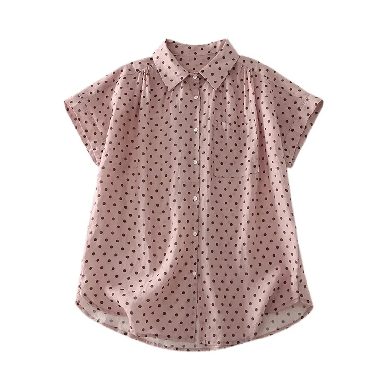 

Women Polka Dot Linen Cotton Shirt Short Sleeve Button Down Casual Blouse