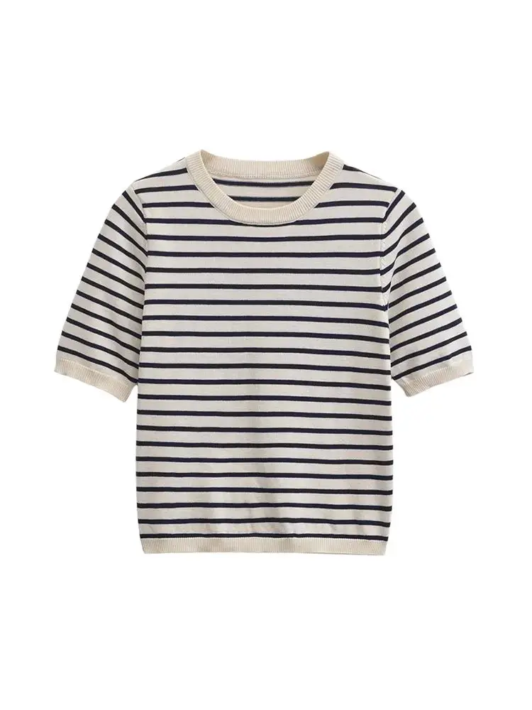 Maglione lavorato a maglia a righe da donna O-Collo Manica corta Pullover alla moda chic Top Maglieria femminile elegante ed basic