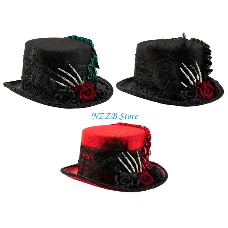 

T21F Wool Hat With Skeleton Hand Dark Series Flower Decoration For Halloween Event Masquerade Party Wear Costume Accessory