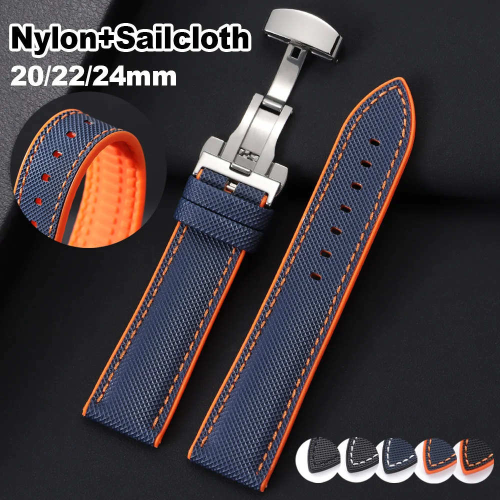 For IWC for Tudor for Seiko Nylon Rubber Bottom Watch Strap 20mm 22mm 24mm Nylon Silicone Watch Band Butterfly Buckle Bracelet