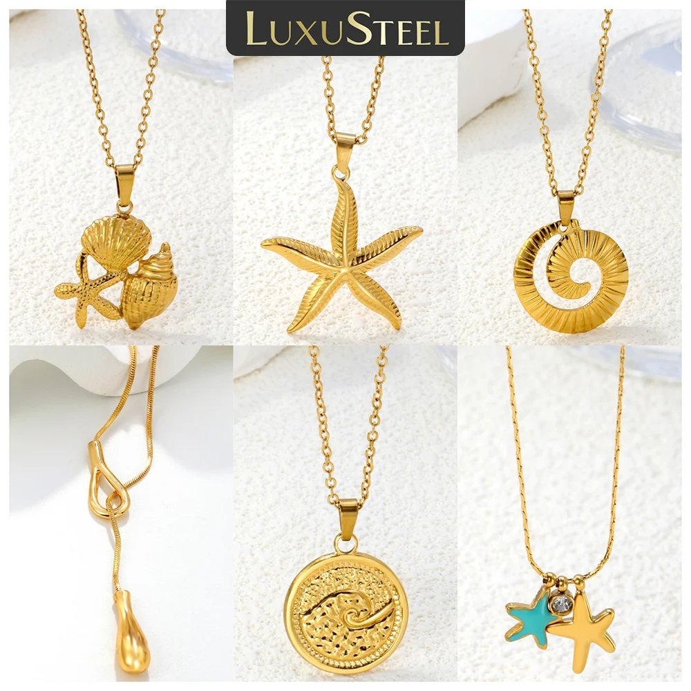 LUXUSTEEL Trendy Golden Water Drop Chain Pendant For Women Girl Stainless Steel Sea Star Shell Female Necklace Chain Jewelry