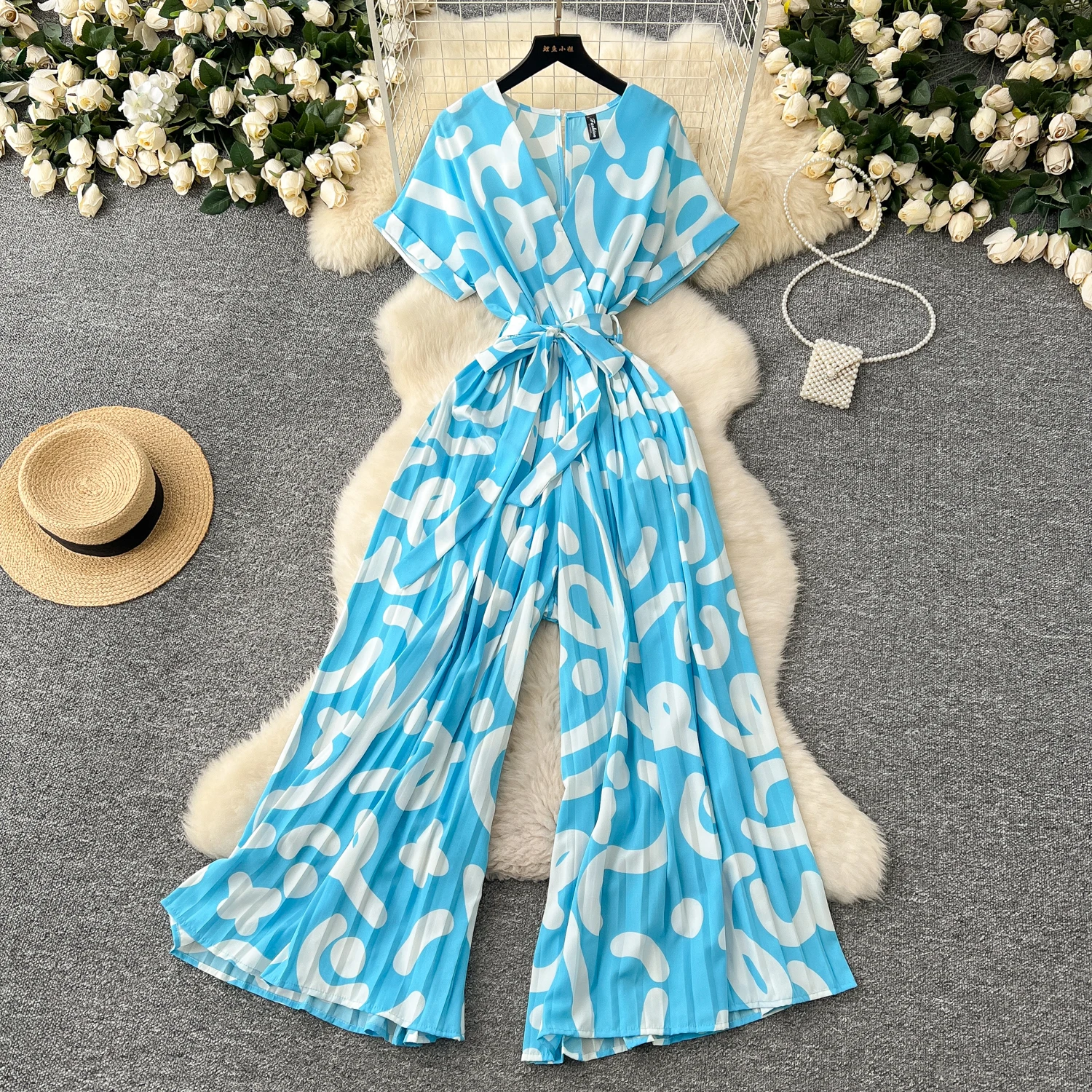 Vintage V-neck Short Sleeves Slim Bandage Print High Street High Waist Wide Leg Pants Jumpsuit Vacation Autumn Women Clothing