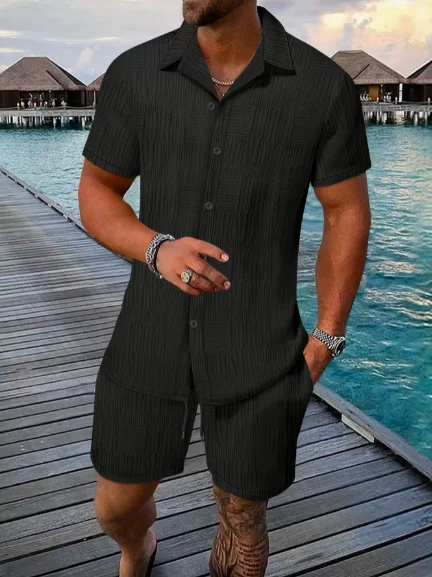 Traje de Verano para Hombre: Conjunto de Pantalones Cortos a Rayas Jacquard de Color Sólido y Camiseta de Manga Corta - Conjunto Elástico de 2 Piezas para Playa y Uso Casual