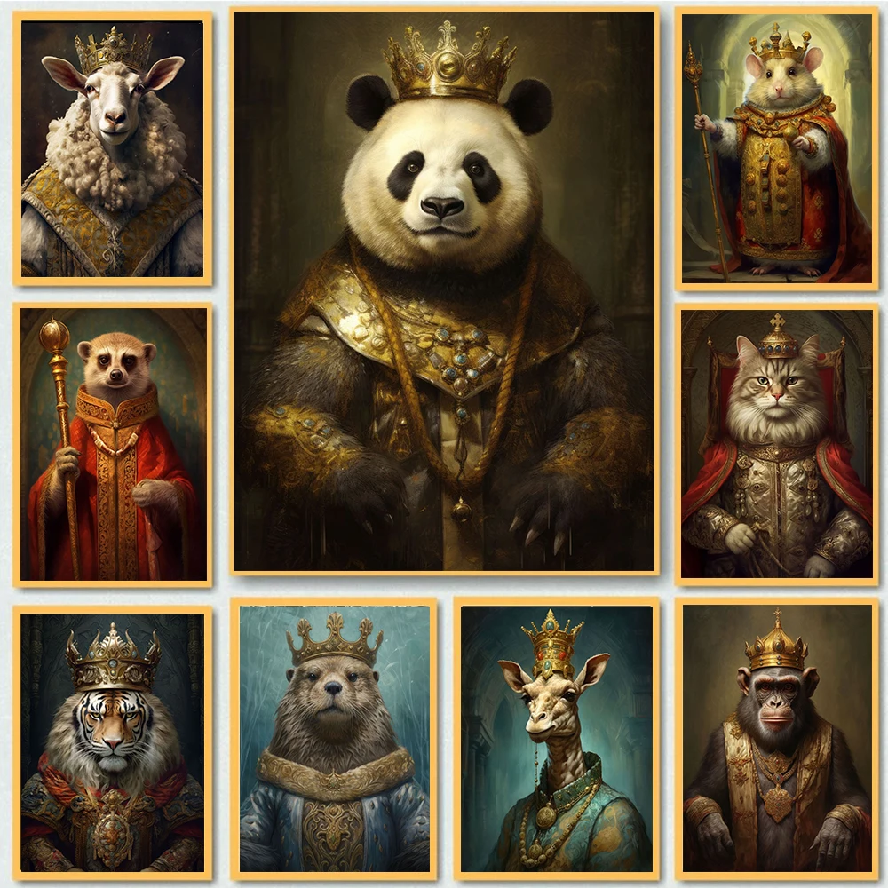 Panda Giraffe Otter Cat King Animals Golden Crown Luxury Royal Art Canvas Paintings Retro Posters Prints Home Wall Decor Cuadros