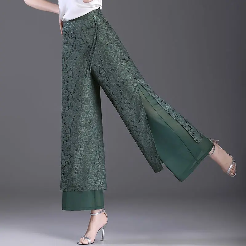 Fashion Elastic Vintage Floral Lace Up Fake Two Pieces Pants Women\'s Clothing 2024 Summer New Loose Office Lady High Waist Pants