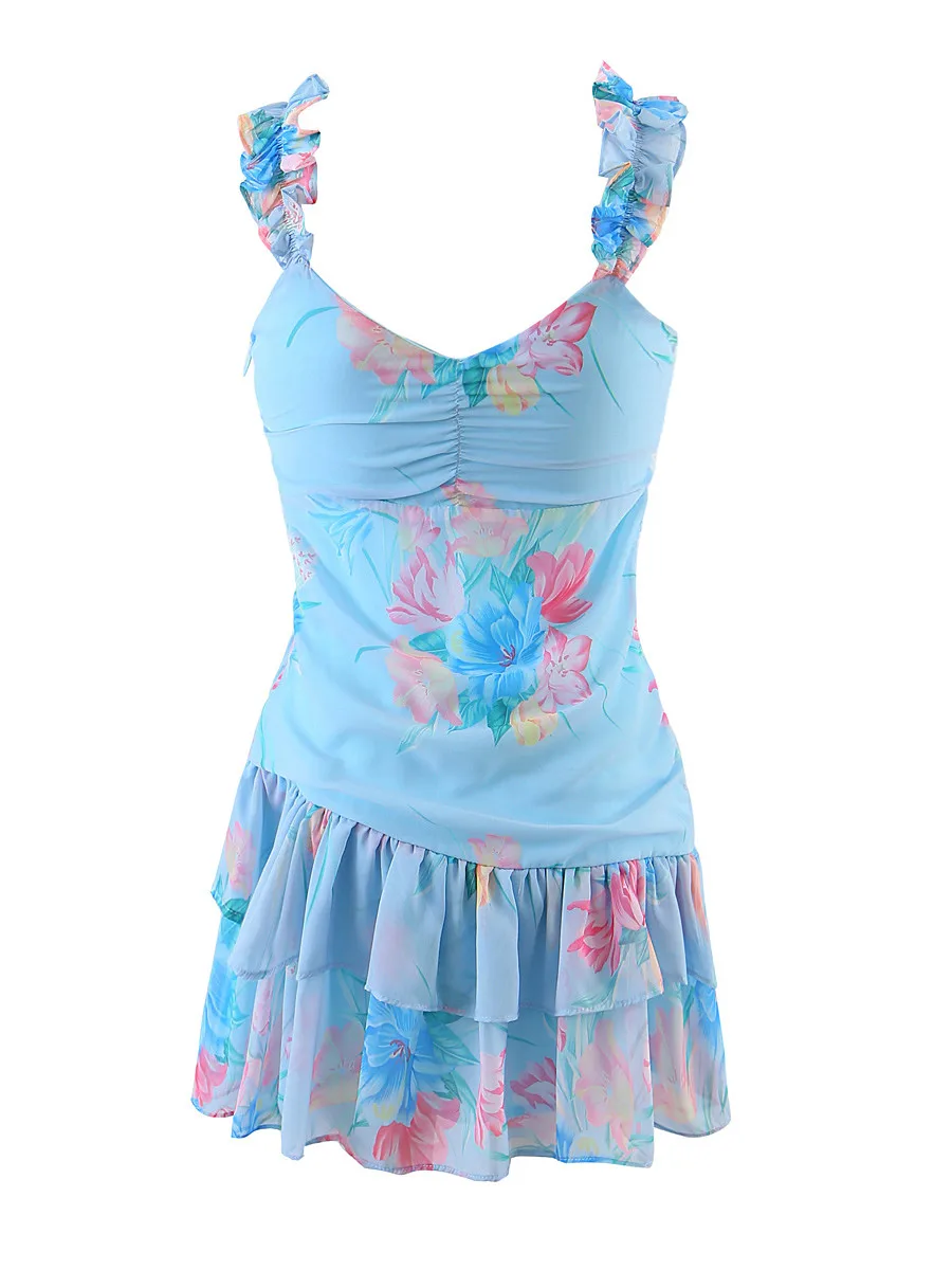 Minivestido Sexy azul con estampado de flores para mujer, Vestido con tirantes y orejas de madera, escote en V, cintura baja, dobladillo con volantes en cascada, 2022