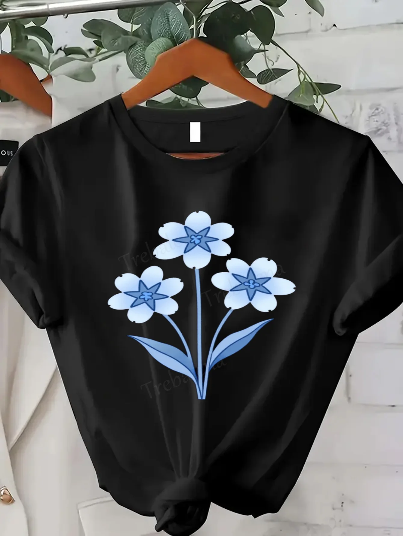 

Women T-shirt Sexy Black T-Shirt with Blue Floral Print, Casual Women's Top for Spring Summer