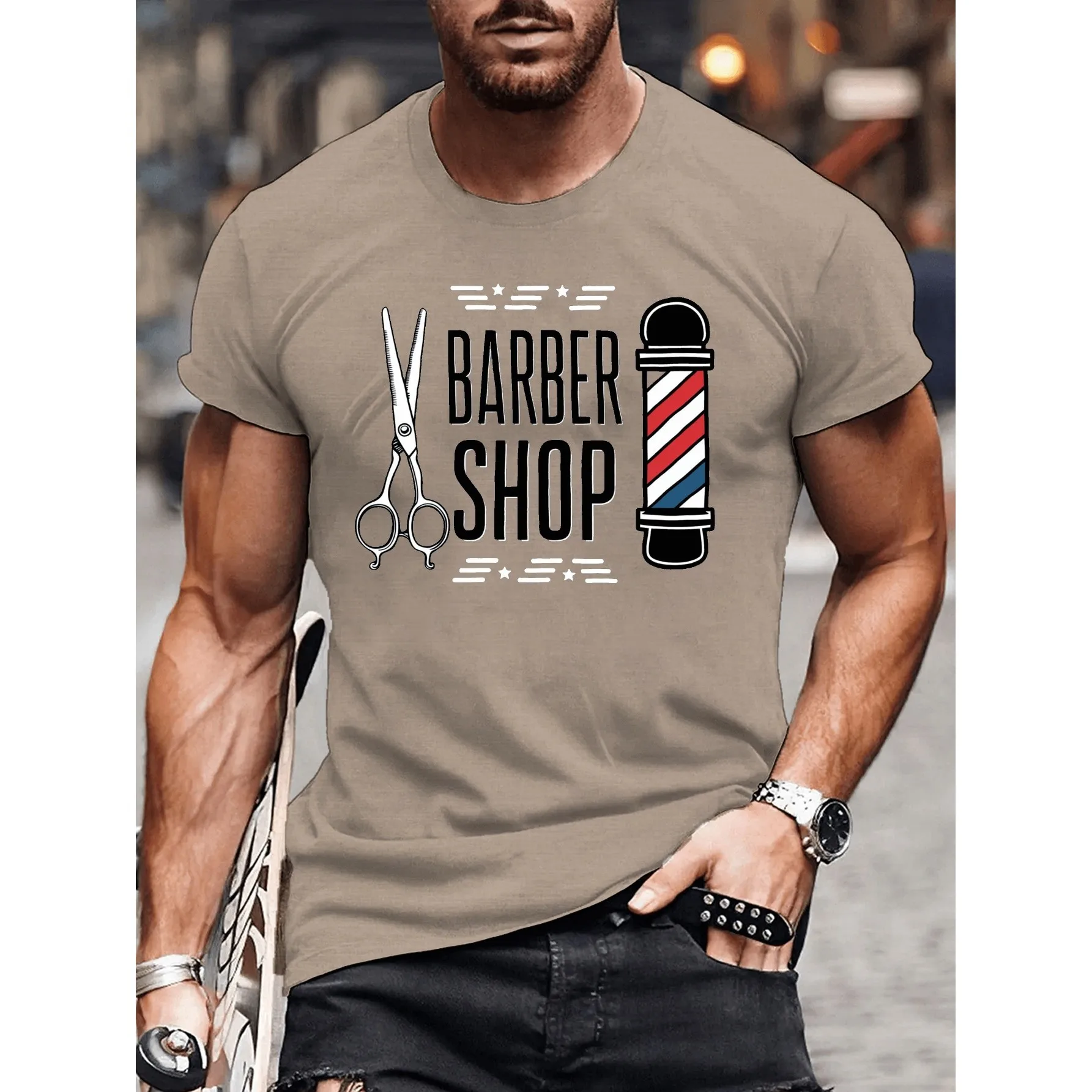 Barber Shop Graphic Print Cotton T-Shirt Breathable Short Sleeve Tee for Men Daily Wear