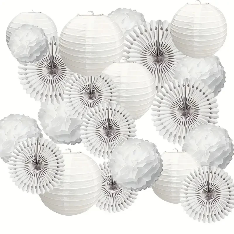 

24 Pieces of White Paper Lanterns, Paper Flower Paper Fan Party Supplies Set for Home Decoration, Restaurant, Church, Wedding, Birthday, Christmas, Party Decoration