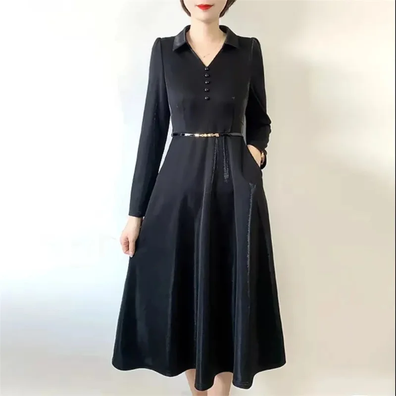 2022 Autumn Women's New Long-Sleeved Age-Reducing Shirt Collar Mid-Length Early Autumn Waist-Length Slimming Mother Dress Skirt