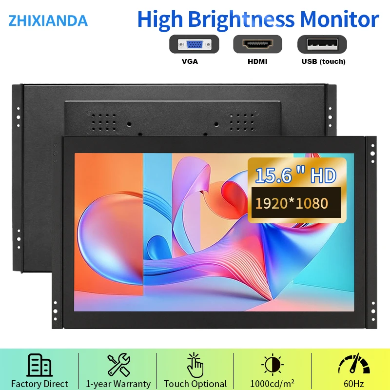 1000 Nits High Brightness 15.6 inch 1920*1080 Industrial Open Frame Monitor Embedded Capacitive/Resistive Touch Screen Display