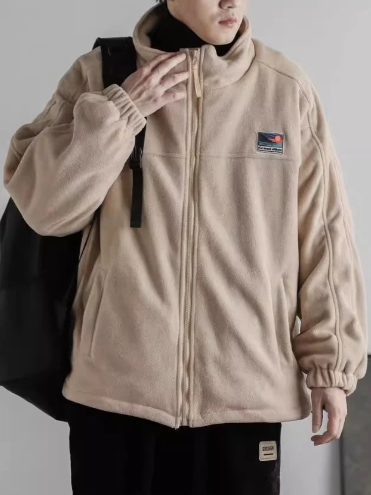 

Autumn Winter Men's Khaki Polar Fleece Thickened Stand Collar Work Wear Casual Cotton Cardigan Jacket