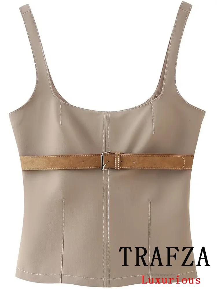 TRAFZA Vintage Sexy Chic Casual Women Tops Solid Belt Slash Neck Sleeveless Vest Fashion 2024 Spring Summer Turtleneck Tops