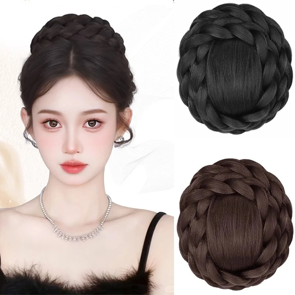 Synthetic Hair Chignon Bun Donut Braided Hairpieces Scrunchie Clip in Hair Bun Extensions Straight Updo for Wedding Party Daily