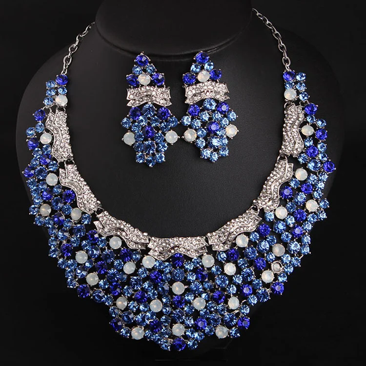 

Luxury-Style Blue Diamond Gemstone Necklace and Earrings Set - Bridal Accessories for Formal Evening Events