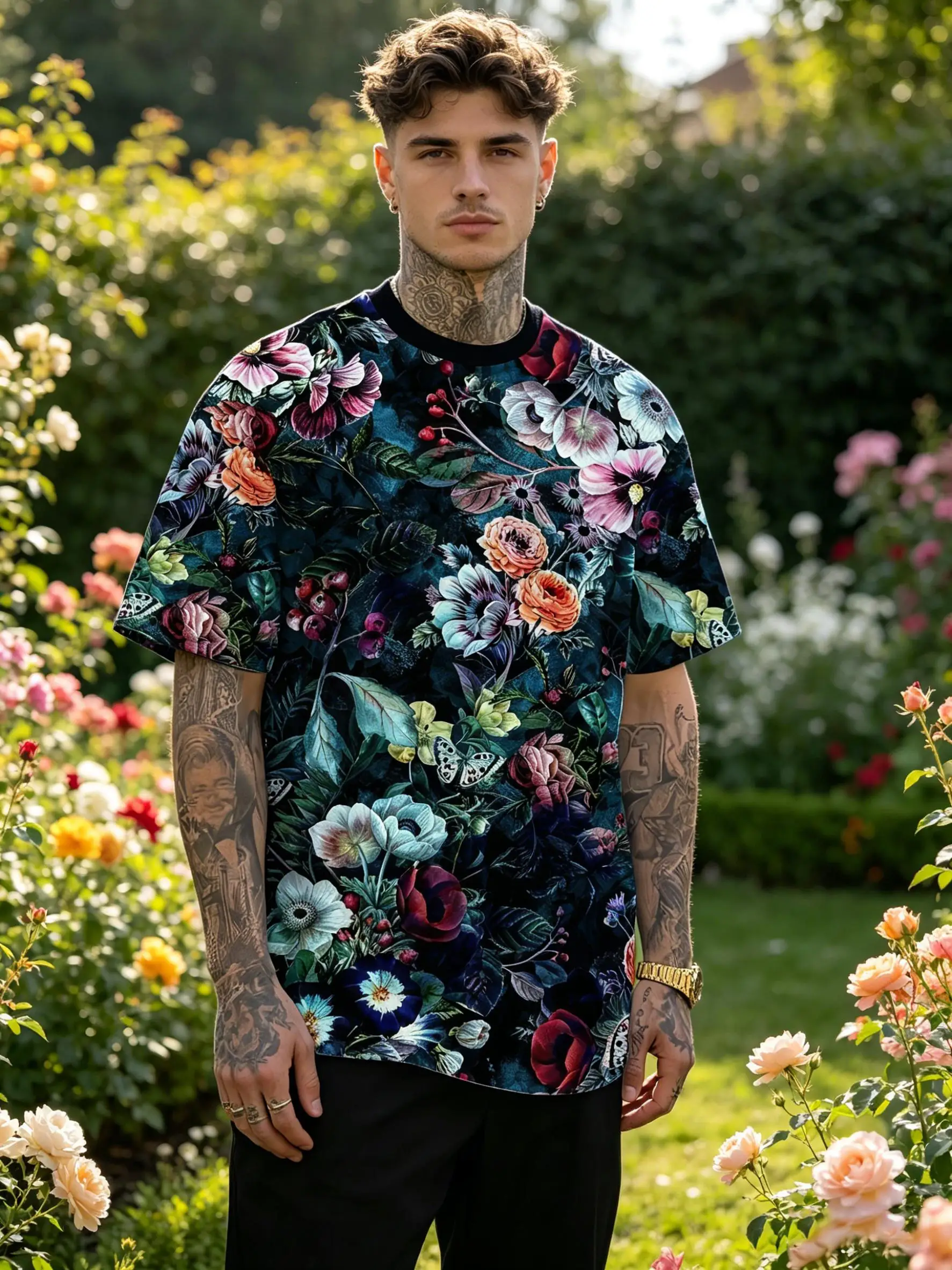 Men Dark Background Vintage Multicolor Floral Botanical Full Print Loose Fit Crew Neck Short Sleeve Casual Tee