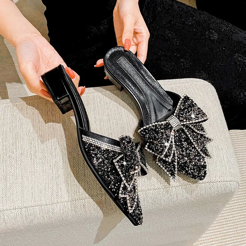 

Summer New Shoes for Women Pointed Toe Slipper Glitter Bowknot Outdoor Casual Sandals Girl Heels Mules Shoes Zapatos De Mujer